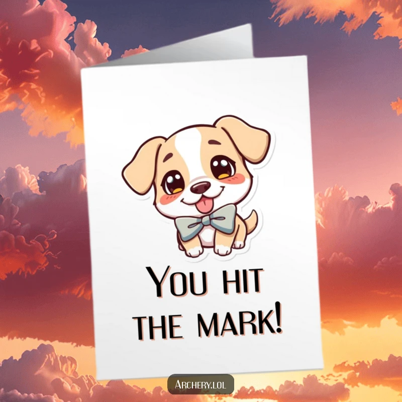Funny Free Printable Dog Congratulations Card: Happy dog archer, tongue out, celebrating a victory, great DIY gift.