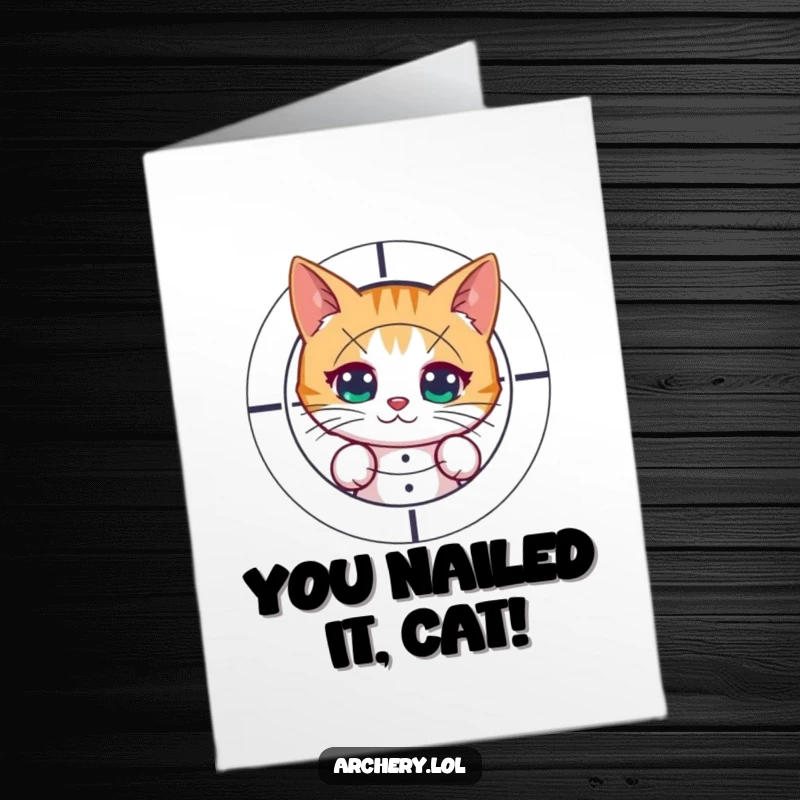 Funny Free Printable Congratulations Card: A mischievous cat peeks from behind a target, celebrating a successful shot.