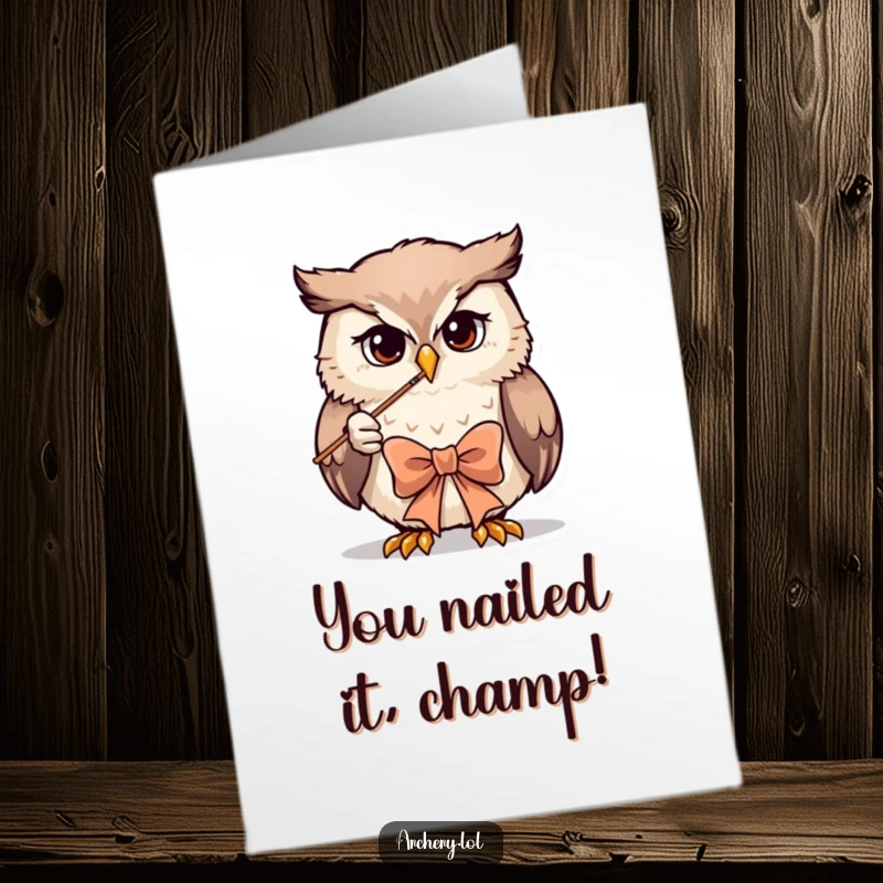 Funny Free Printable Congratulations Card: Owl archer with laser focus, arrow poised for victory. Amazing achievement!