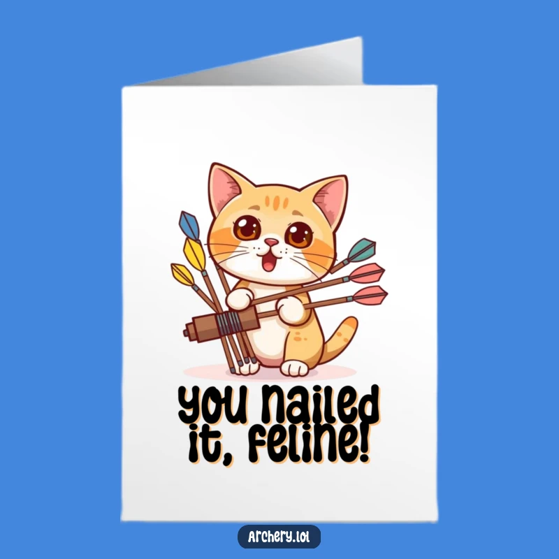Free Printable Congrats Card: Surprised Cat Archer Celebrates Your Win - Downloadable