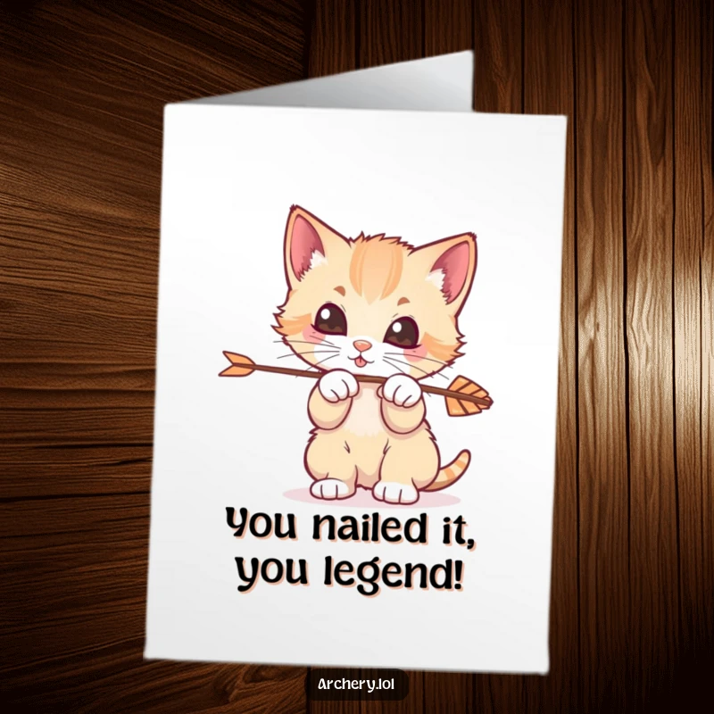 Funny Free Printable Congratulations Card: Playful kitten batting an arrow, celebrating achievements with humor and charm.