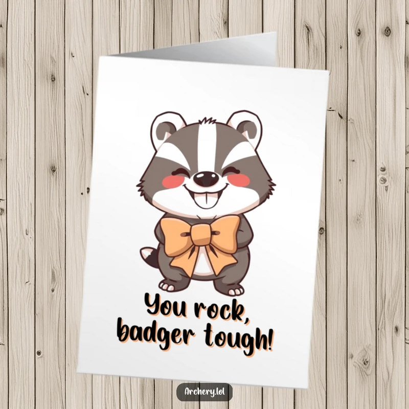 Funny Free Printable Congratulations Card: Grinning badger holding a large bow, looking strong and victorious.