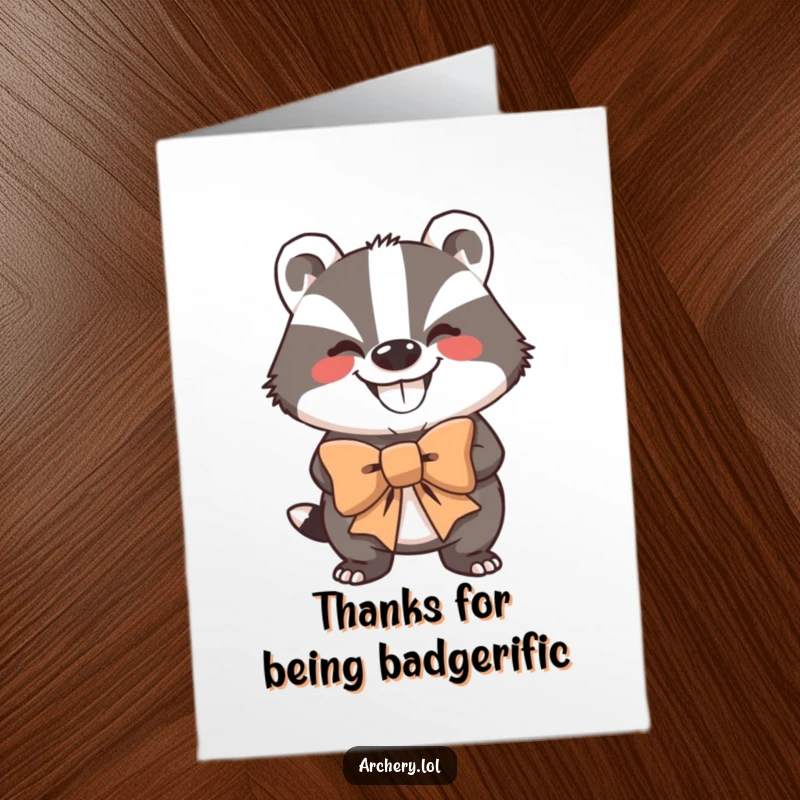 Funny Free Printable Thank You Card: Grinning badger holding a large bow, looking strong and ready to express gratitude.