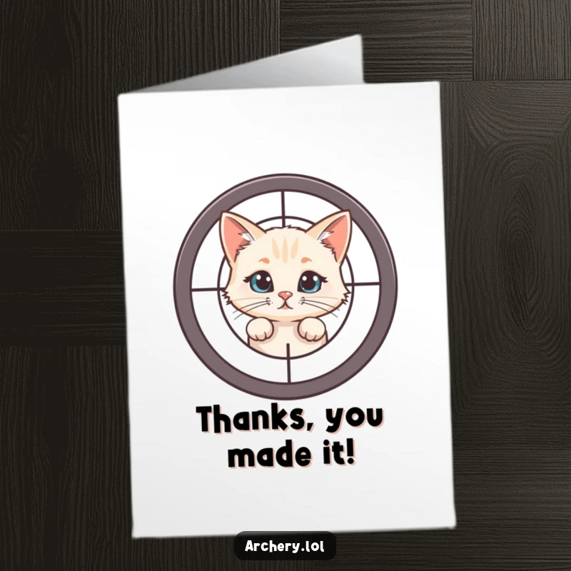 Funny Free Printable Thank You Card: Curious cat peeking from behind a target, conveying thanks with a playful gaze.