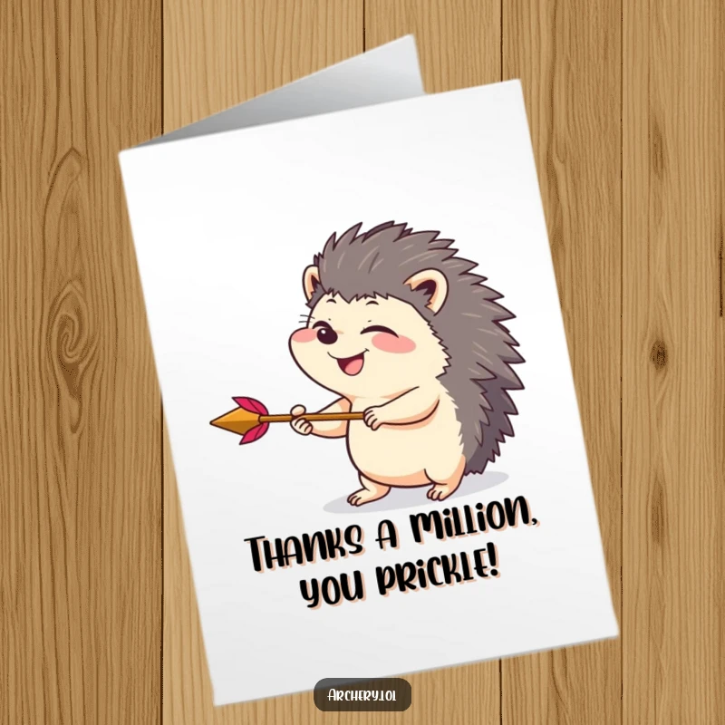 Funny Free Printable Thank You Card: Giggling hedgehog draws back an arrow with playful intensity, a funny thank you.