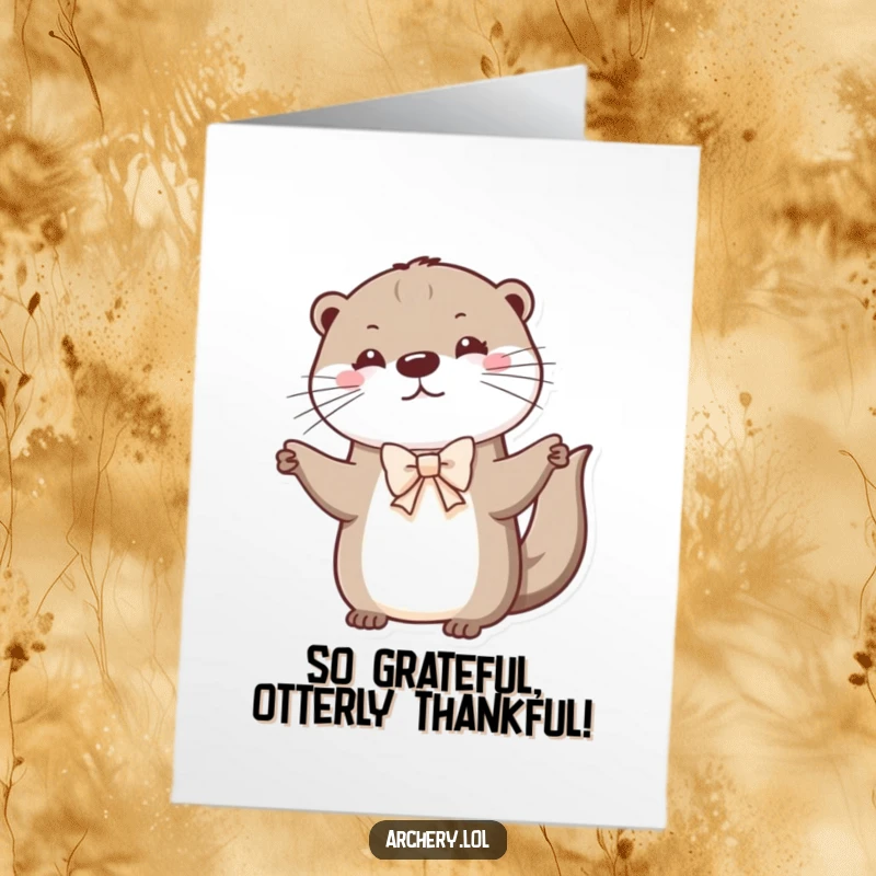Funny Free Printable Thank You Card: Otter focused on drawing a small bow, a quirky expression of thanks.