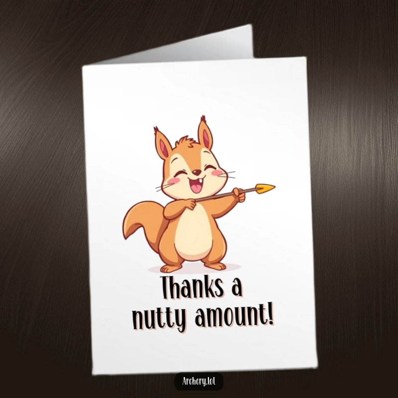 Funny Free Printable Thank You Card: Cheerful squirrel releasing an arrow, conveying happiness and thanks with a smile.