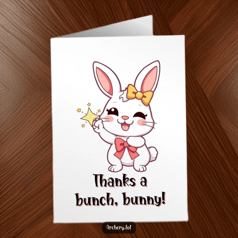 Funny Free Printable Thank You Card: Cheerful rabbit archer aims a sparkly bow, sending heartfelt thanks with a smile.