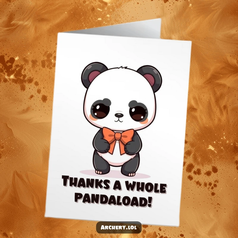 Funny Free Printable Thank You Card: A determined panda balances a bow, sending a heartfelt thank you.