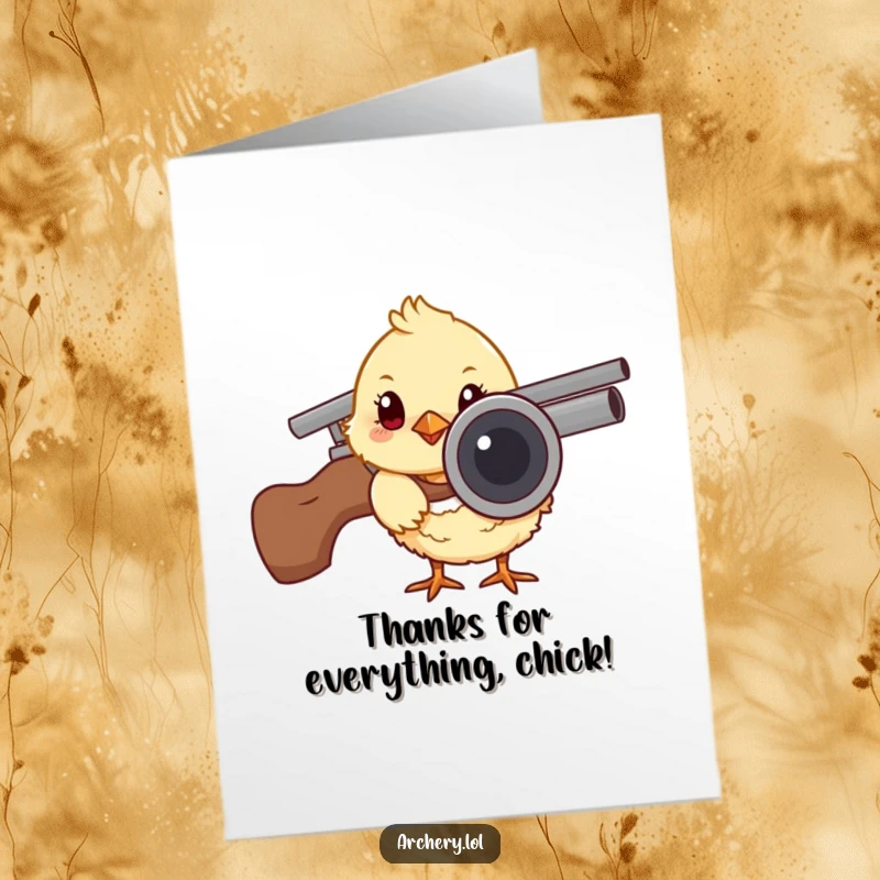 Funny Free Printable Thank You Card: Curious chick peeking from behind a quiver, a cute and humorous way to say thanks. Downloadable gift.