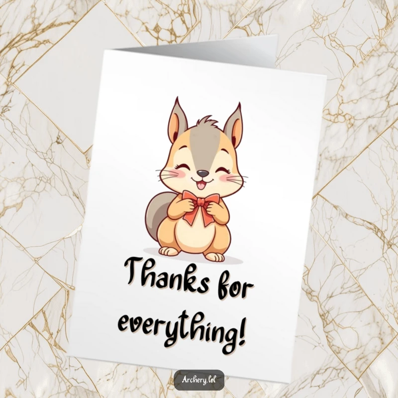 Funny Free Printable Thank You Card: A playful squirrel with a big grin, drawing a tiny bow, expressing sincere thanks humorously.