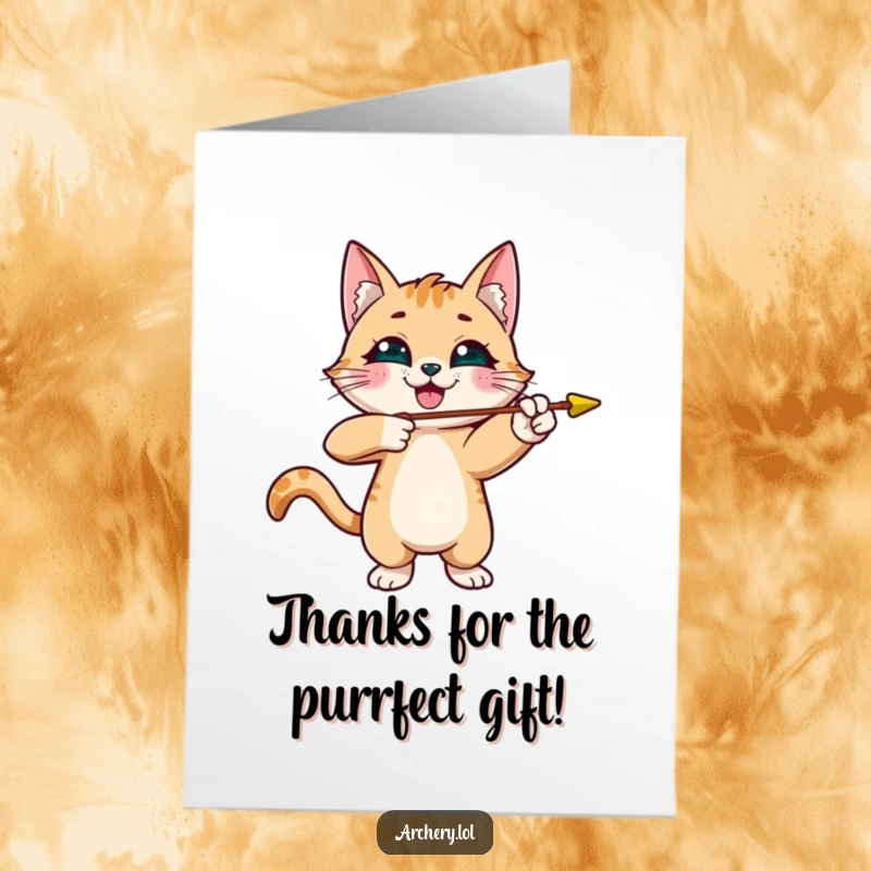 Funny Free Printable Thank You Card: A smiling cat aims an arrow, sending a playful thank you message.