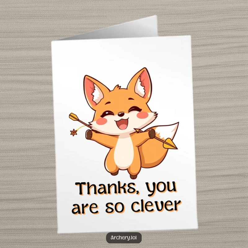 Funny Free Printable Thank You Card: Triumphant fox archer releasing an arrow, symbolizing a heartfelt thank you.
