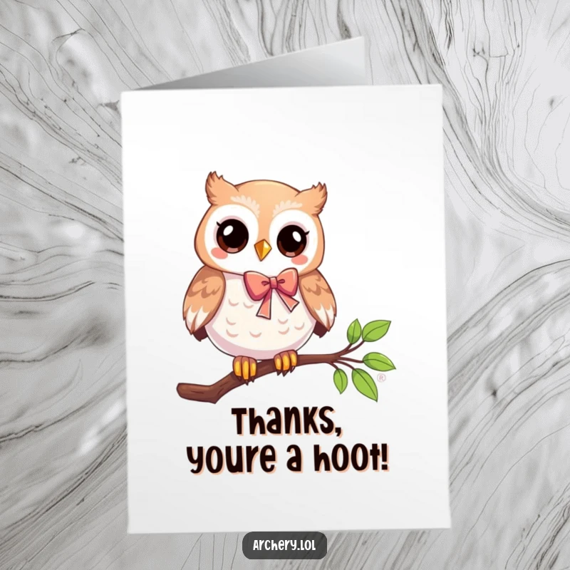 Funny Free Printable Thank You Card: Playful owl on a branch with a bow, offering thanks with a humorous twist. Downloadable gift.