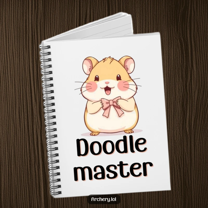 Funny notebook cover with a beaming hamster focused on drawing a tiny, delicate bow.