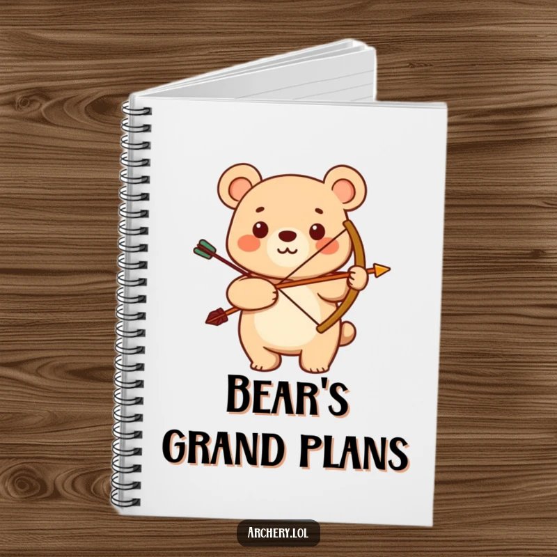 Funny notebook with a smiling bear proudly holding a bow and arrow. Perfect for notes, journaling, and as a funny gift.