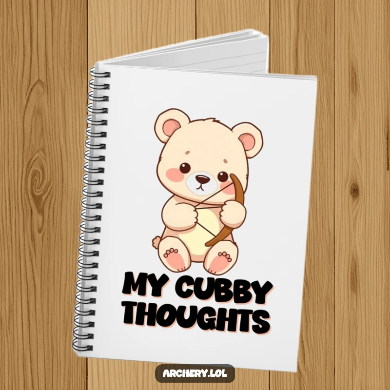 Funny bear cub archer notebook featuring a focused cub holding a large bow for determined note-taking.