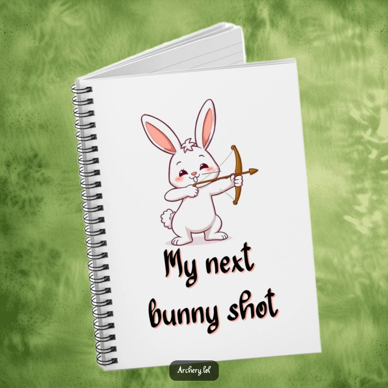 Funny notebook with a happy bunny drawing a bow, aiming with a smile. Perfect for notes, journaling, and as a funny gift.