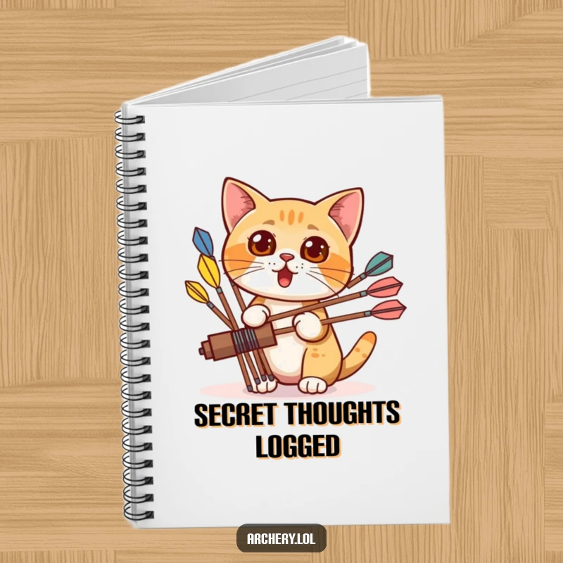Funny notebook with a surprised cat peeking from behind colorful arrows, designed for capturing notes with a sense of playful curiosity.