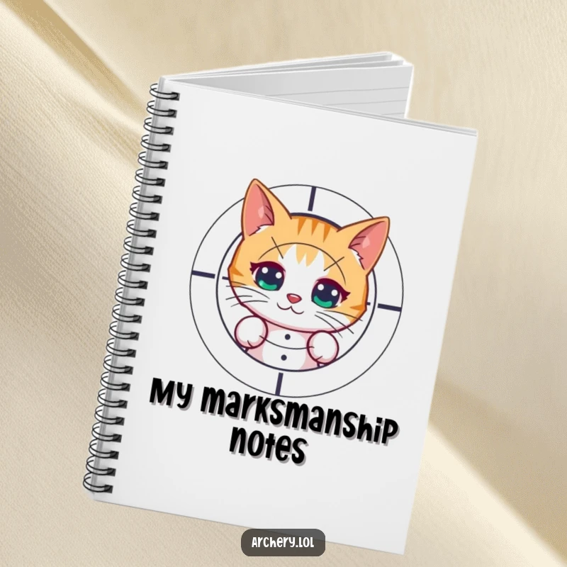 Funny notebook with a curious cat peeking from behind a target after shooting an arrow. Ideal for notes and as a funny gift.