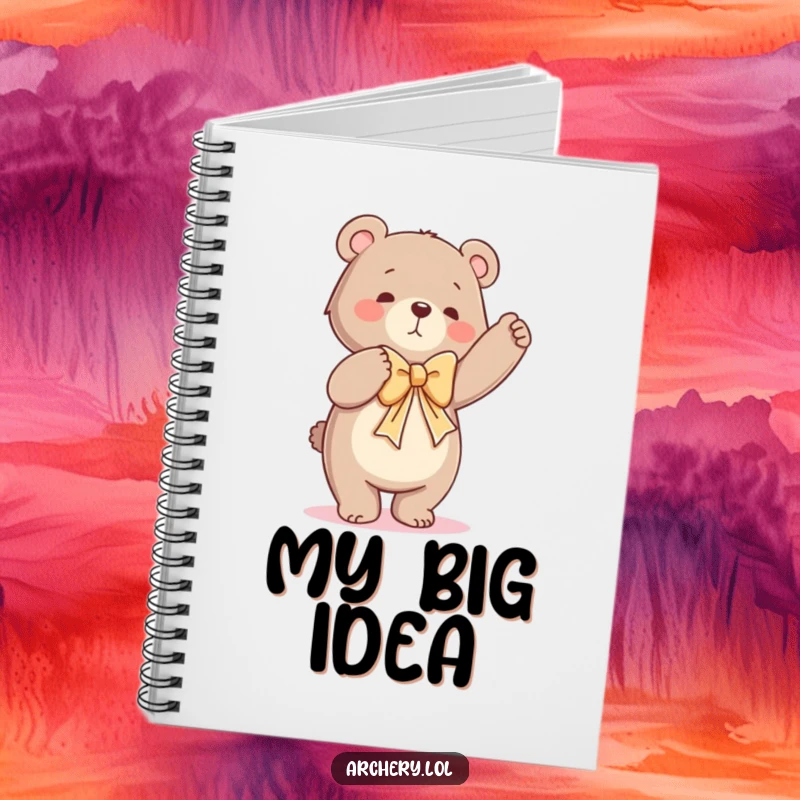 Funny notebook cover with a dancing bear intensely drawing a bow, symbolizing a humorous and challenging task.
