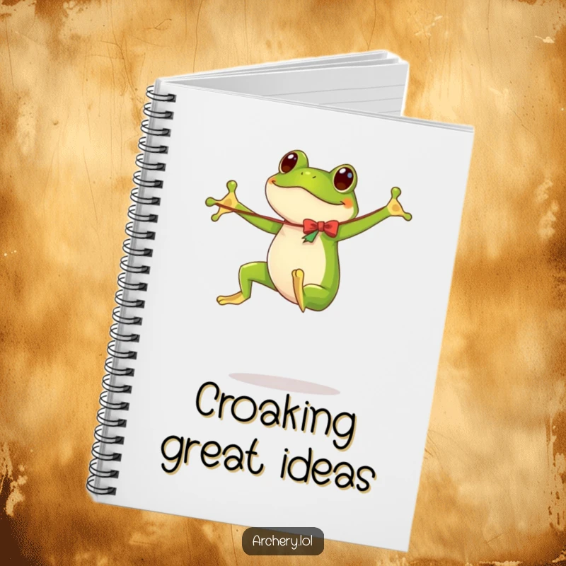 Funny notebook cover: An energetic frog in mid-leap, holding a wobbly, flimsy bow.