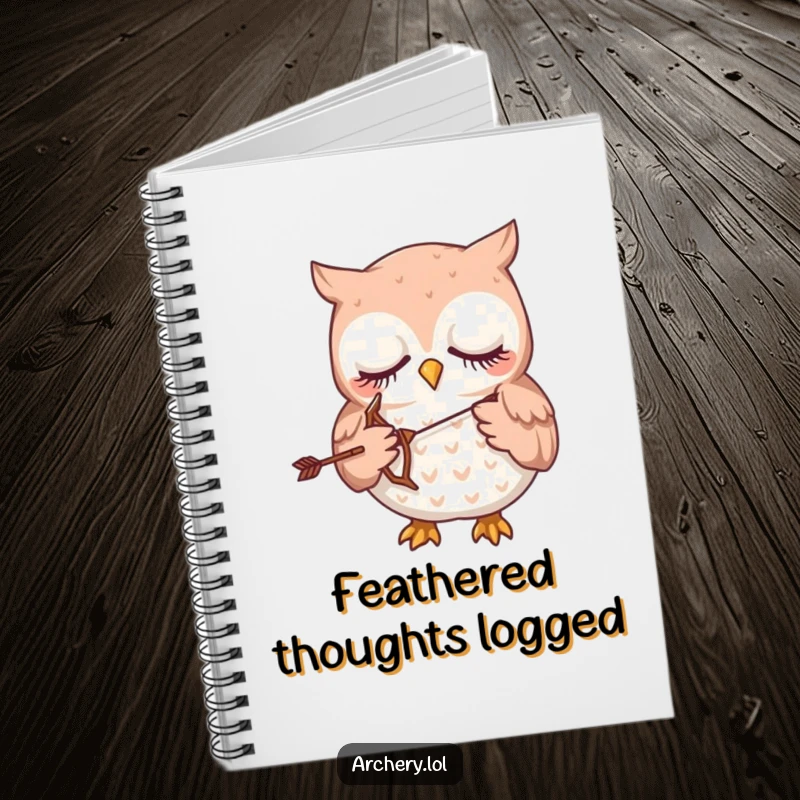 Funny notebook cover: A drowsy owl gently holding a tiny bow and arrow.