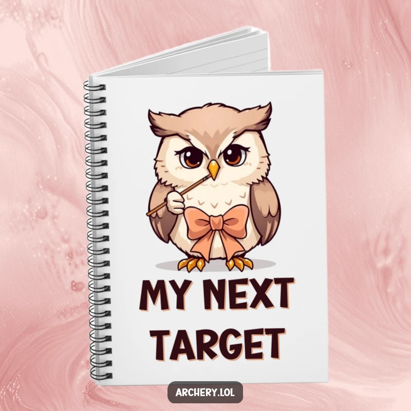 Funny owl archer notebook featuring a determined owl drawing a bow for focused note-taking.