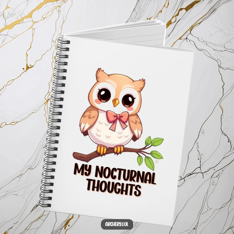Funny notebook with a playful owl perched on a branch holding a bow, ideal for notes with a humorous, wise archery theme.