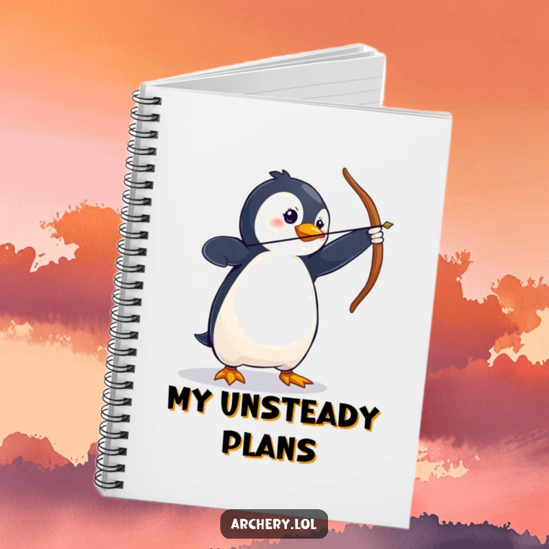 Funny Notebook with a wobbly penguin in a dramatic archery stance, perfect for jotting down ideas.