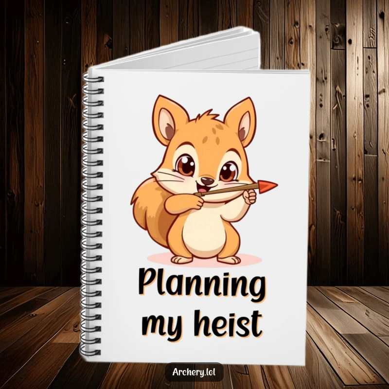 Funny squirrel archer notebook featuring a happy squirrel aiming an arrow with determined eyes, ideal for notes and planning.