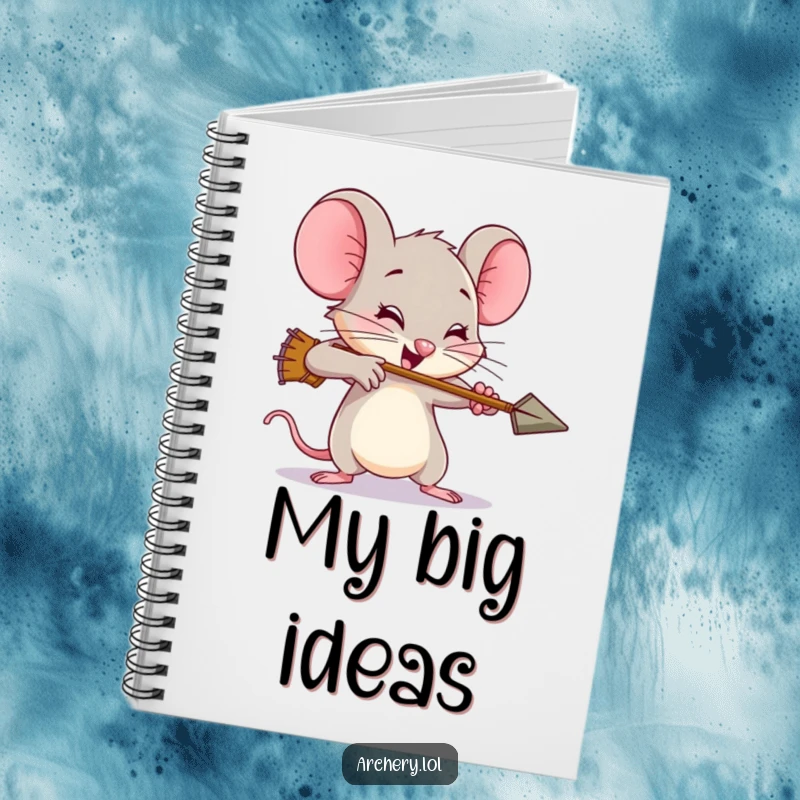 Funny mouse notebook, a brave archer mouse shooting an arrow with comical, exaggerated effort, ideal for writing down ideas.