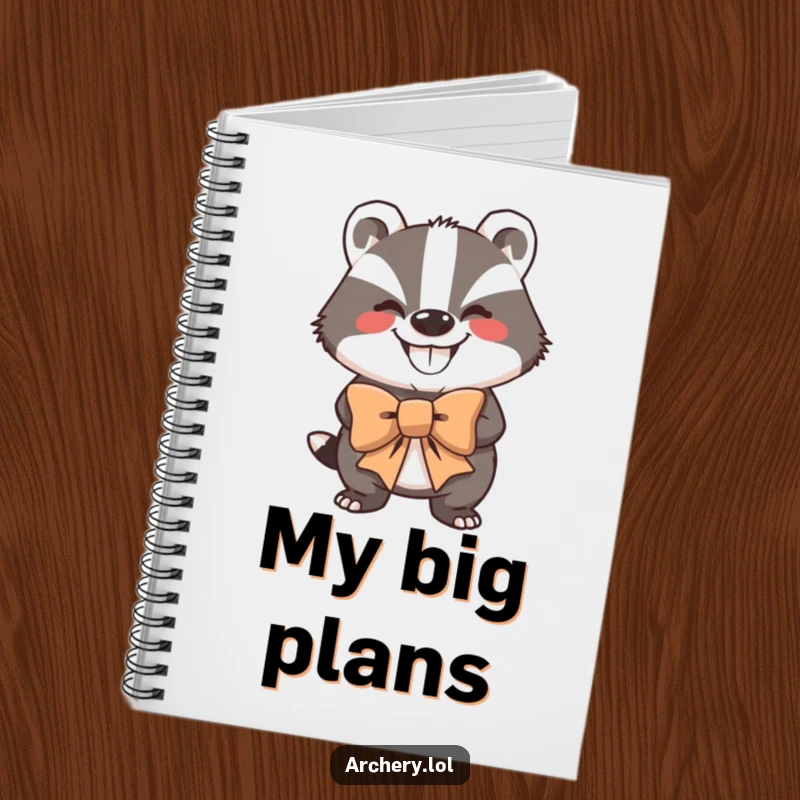 Funny Notebook: A grinning badger holding a large bow, looking strong and ready to record ideas.