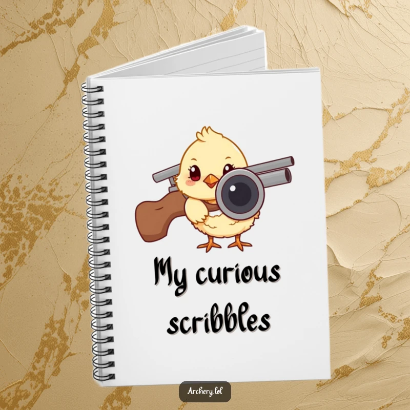 Funny notebook with a curious chick peeking from behind an arrow quiver, ideal for notes with a humorous, cute archery theme.
