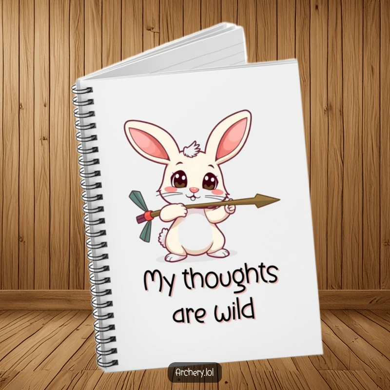 Funny timid rabbit notebook, wide curious eyes, aiming an arrow, perfect for journaling and notes.