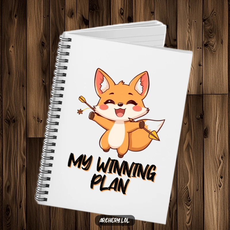 Funny fox archer notebook featuring a triumphant fox releasing an arrow for recording winning ideas.