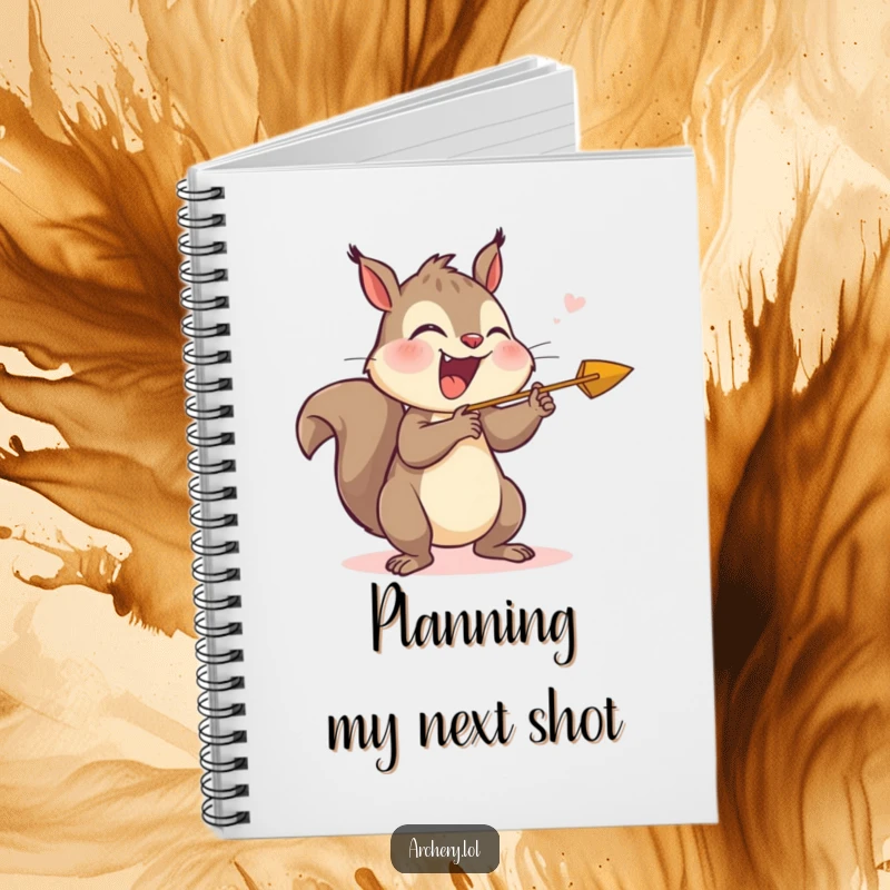 Funny notebook cover featuring a giggling squirrel releasing an arrow with joy, perfect for jotting down funny thoughts.