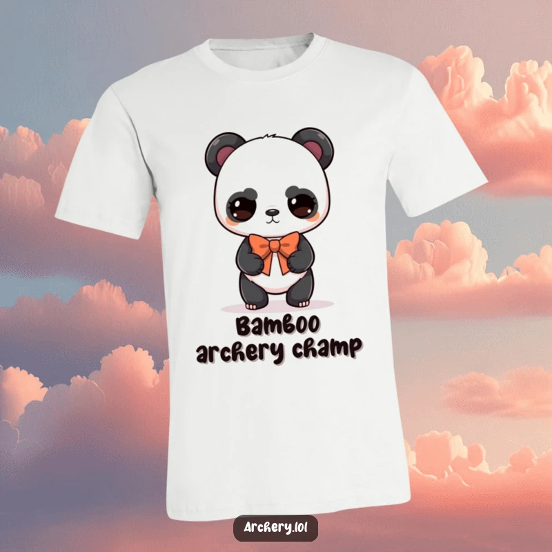 Funny panda archer t-shirt with a determined, cute panda balancing a bow, ideal for a humorous gift choice.