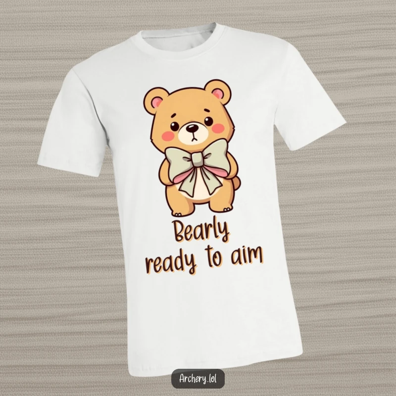 Funny t-shirt showcasing a determined bear character with a large bow, poised to shoot an arrow, embodying a humorous yet focused archery stance.