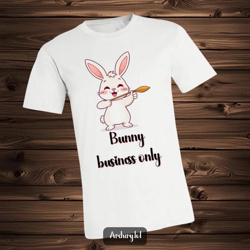 Funny Rabbit Archer T-Shirt: A cheerful rabbit smiles joyfully while shooting an arrow, spreading happiness.