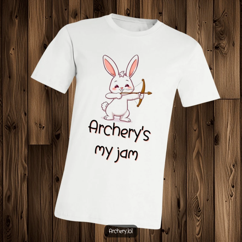 Funny t-shirt featuring a happy bunny drawing a bow and arrow, smiling. Great for casual wear and as a humorous gift.
