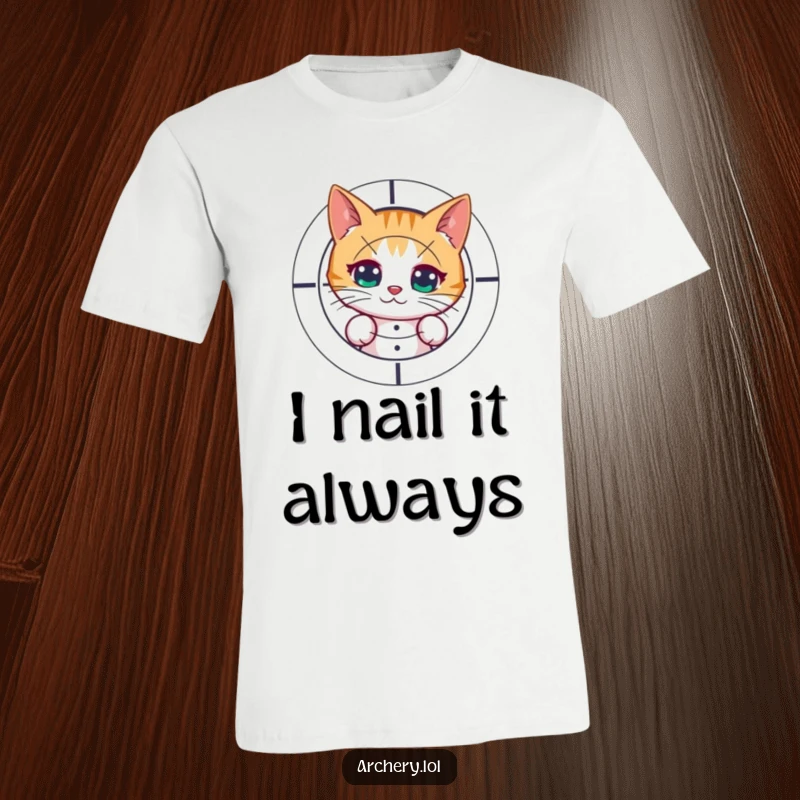 Funny t-shirt featuring a curious cat behind a target, having just shot an arrow. Great for cat lovers and archery enthusiasts.