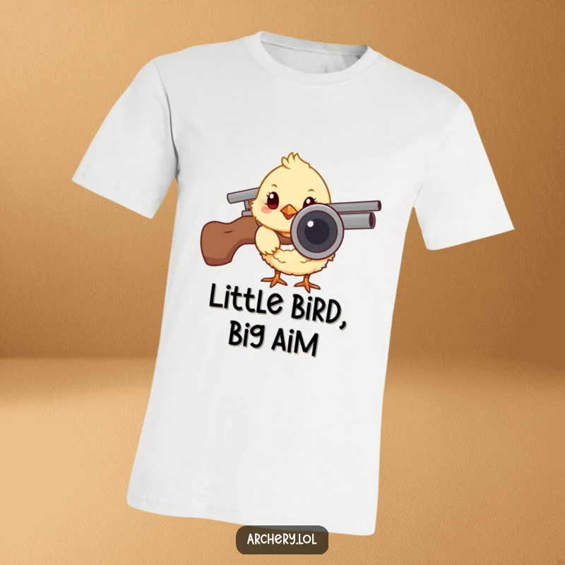 Funny t-shirt depicting a curious chick peeking out from behind an arrow quiver, embodying a cute and humorous archery theme.