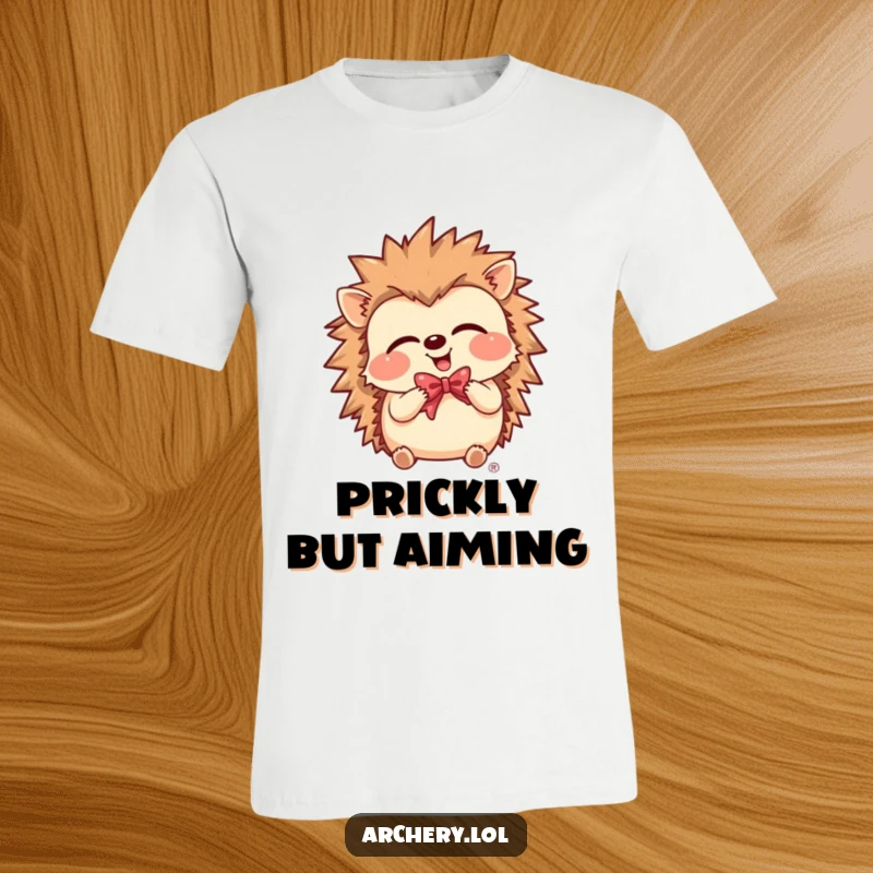 Funny T-Shirt a giggling hedgehog holding a bow, embodying happiness and archery fun.