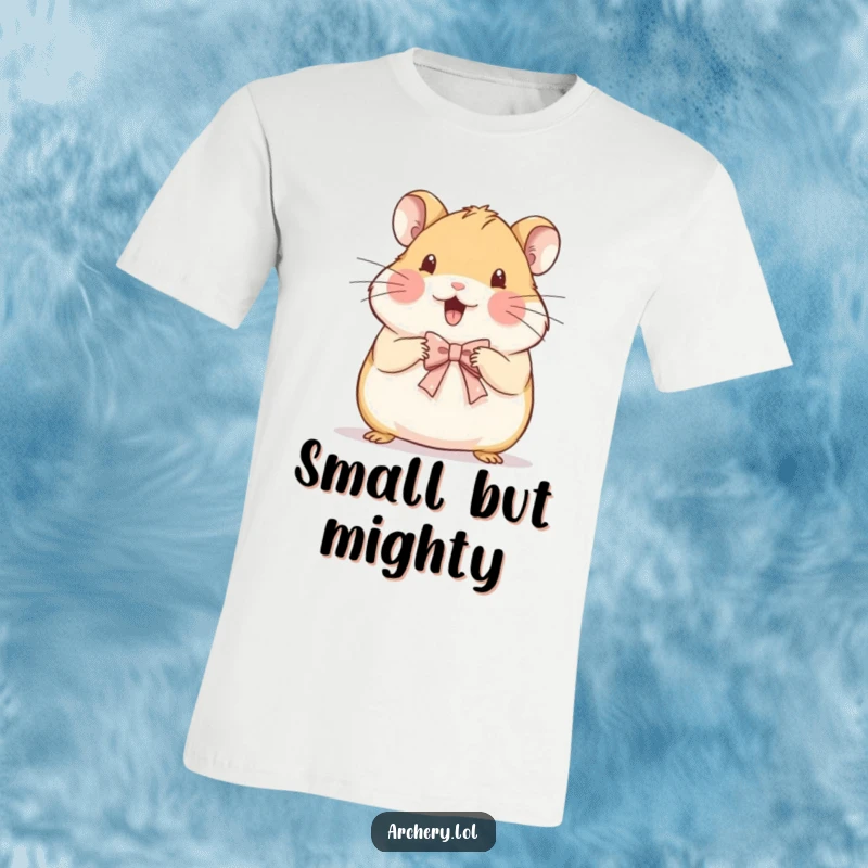 Funny t-shirt of a beaming hamster concentrating on drawing a tiny, delicate bow with precision and joy.