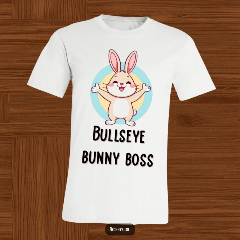Funny t-shirt depicting a cheerful rabbit celebrating a bullseye hit with a bow and arrow nearby, embodying pure joy and success.