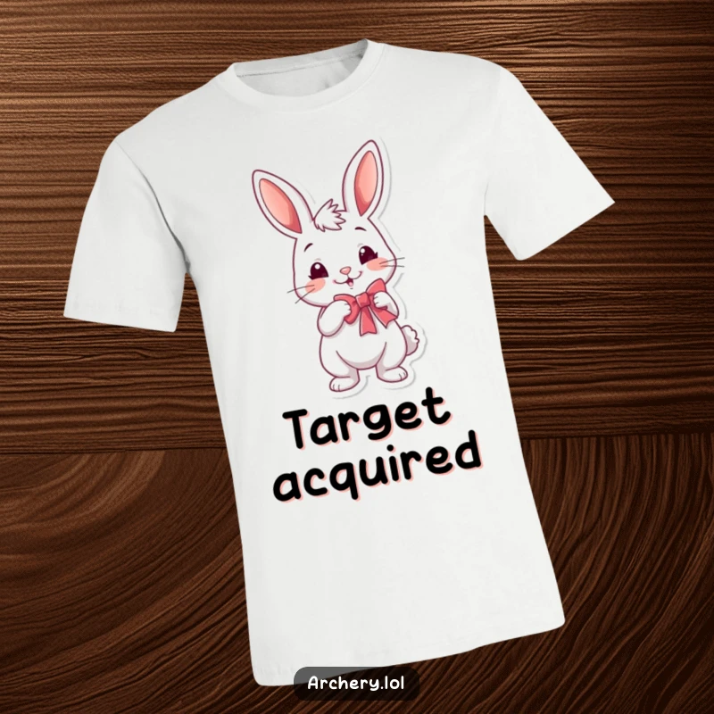Funny rabbit archer t-shirt featuring a cheerful bunny drawing a bow with a mischievous smirk, ideal for casual wear and humor.