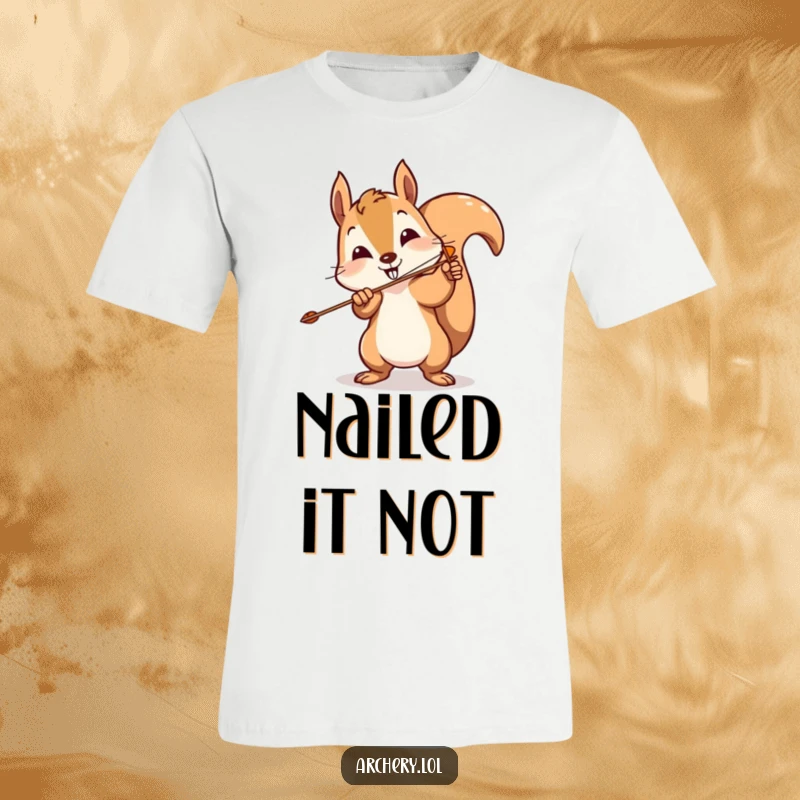 Funny squirrel archer t-shirt featuring a playful squirrel comically missing the target with a wild arrow, great humorous gift.
