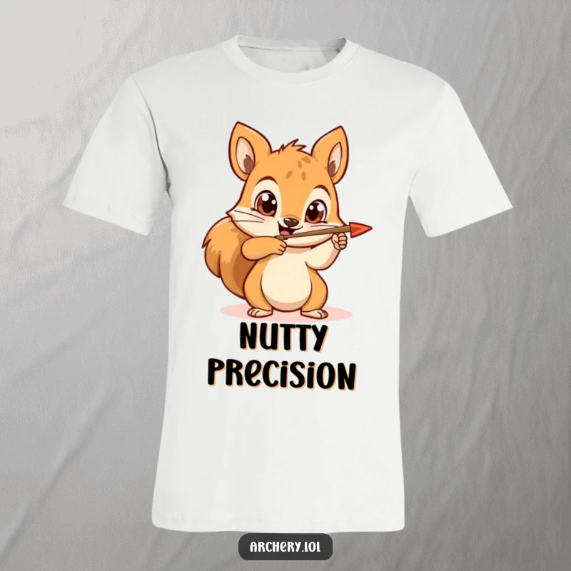 Funny squirrel archer t-shirt with a happy squirrel aiming an arrow, wide determined eyes, perfect for casual wear.