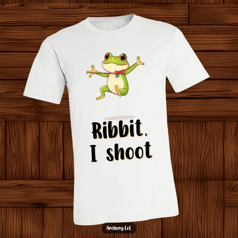 Funny t-shirt graphic of an energetic frog in mid-air, holding a comically long and flimsy bow.